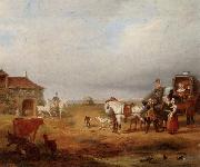 unknow artist An open landscape with a horse and carriage halted beside a pond,with anmals and innnearby China oil painting reproduction